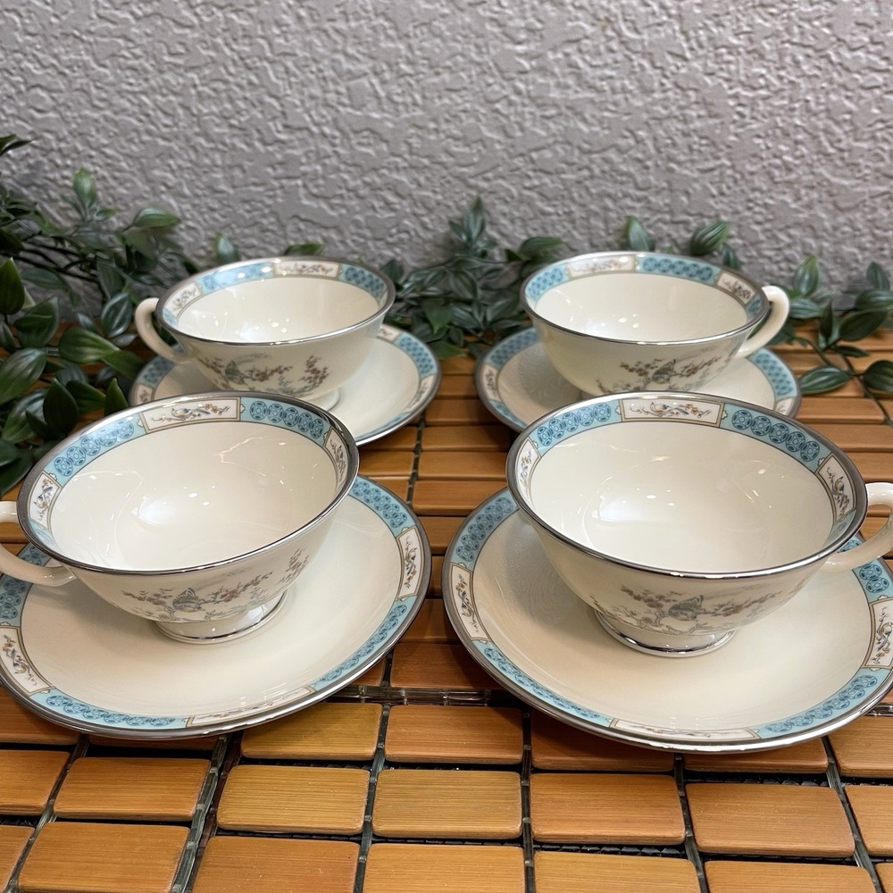 Vintage Lenox Plum Blossoms Cup And Saucer Set of 4 Aqua Teal Silver Platinum